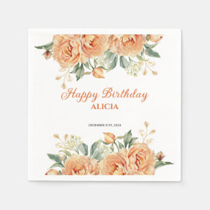 Gold Leaf Orange Peony Rustic Floral Birthday  Napkin