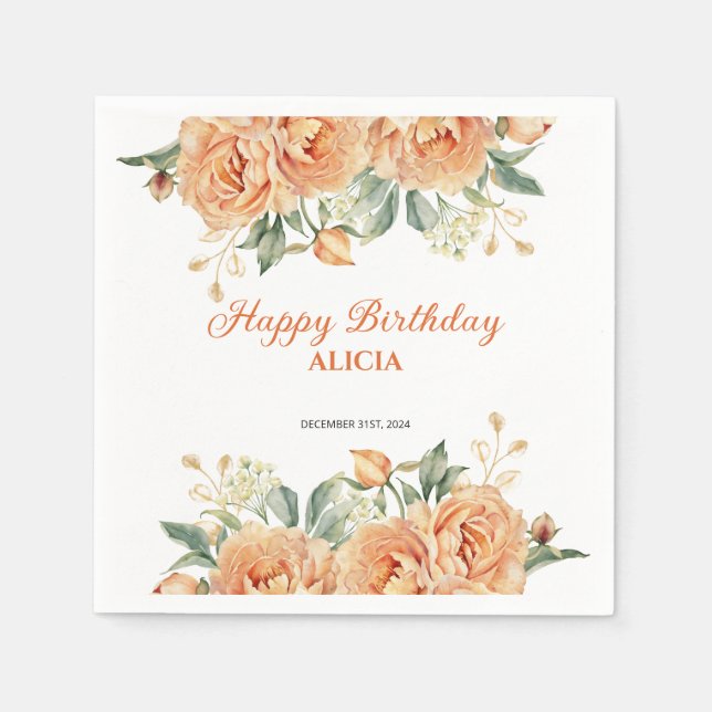 Gold Leaf Orange Peony Rustic Floral Birthday  Napkin (Front)