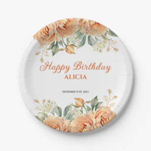 Gold Leaf Orange Peony Rustic Floral Birthday Paper Plate
