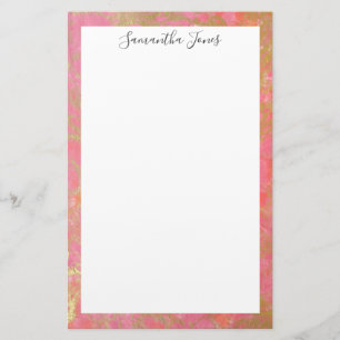 Gold Leaf Pink Marble  Metallic   Personalized Stationery