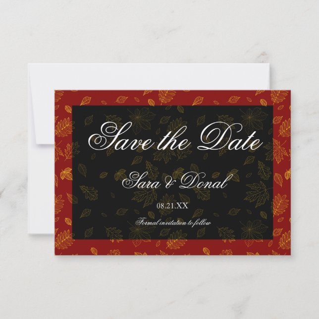 Gold Leaf Red and Black Save the Date Card (Front)