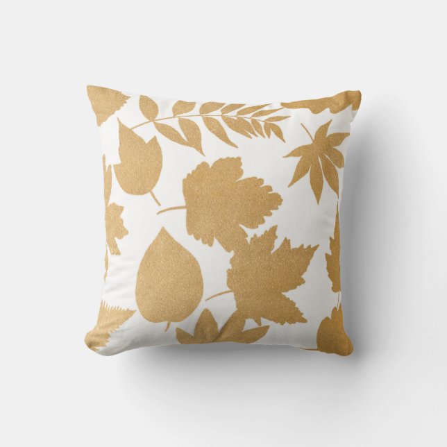 Gold Leaf Silhouette on white, modern fall decor Throw Pillow (Front)