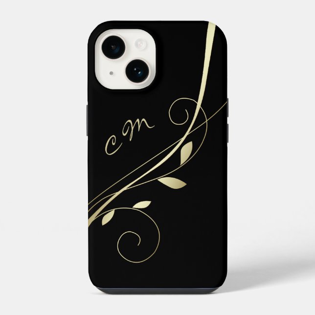Gold Leaf Swirl Black Monogram iPhone Case (Back)