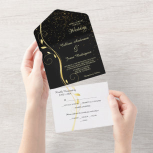 Gold Leaf Swirl Black Photo Template Wedding