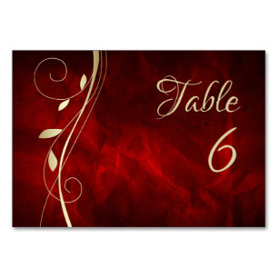 Gold Leaf Swirl Deep Red Wedding Table Number