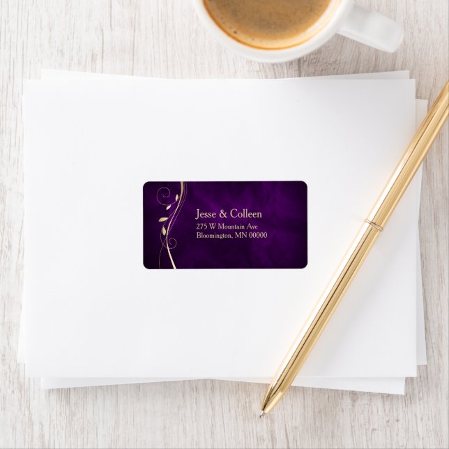 Gold Leaf Swirl Purple Wedding Return Label (Insitu)