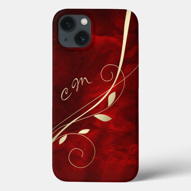 Gold Leaf Swirl Red Monogram Case-Mate iPhone Case (Back)