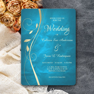Gold Leaf Swirl Teal Blue Wedding Invitation