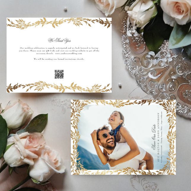 Gold Leaf Woven Frame Photo QR CODE Wedding Save The Date (Creator Uploaded)