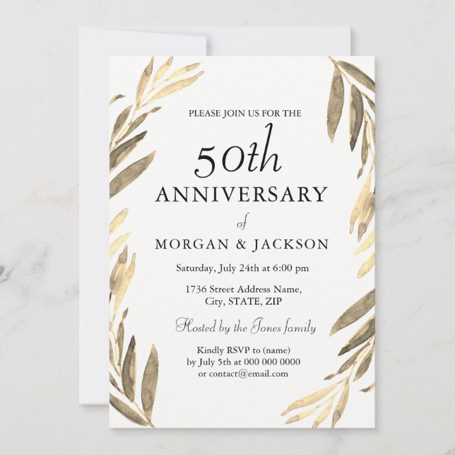 Gold Leaf Wreath 50th Wedding Anniversary Invite (Front)