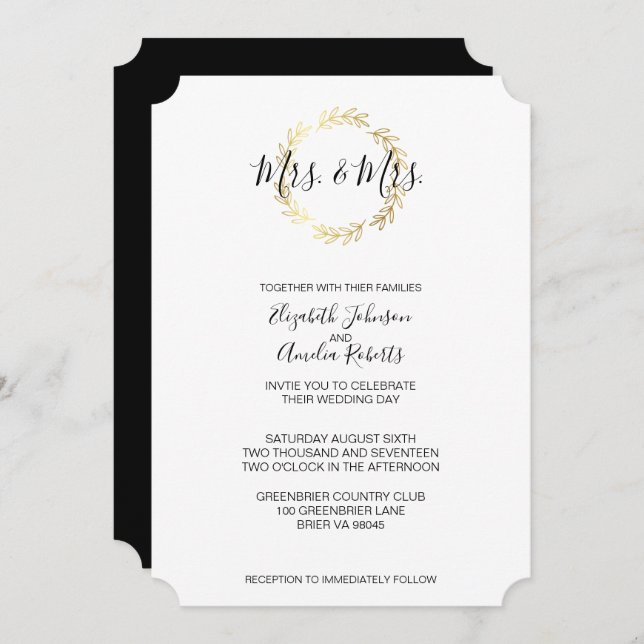 Gold Leaf Wreath & Black and White Script Wedding Invitation (Front/Back)