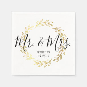 Gold Leaf Wreath & Black and White Script Wedding Napkin
