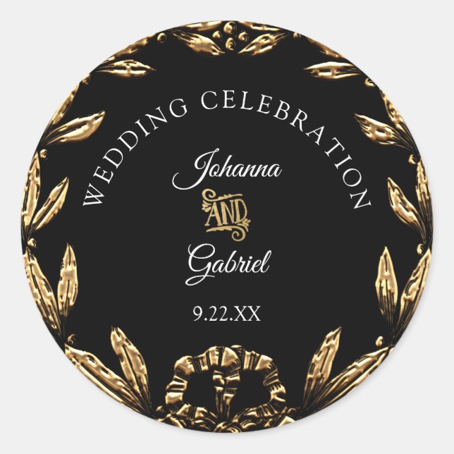 Gold Leaf Wreath Black Elegant Wedding Typography Classic Round Sticker (Front)