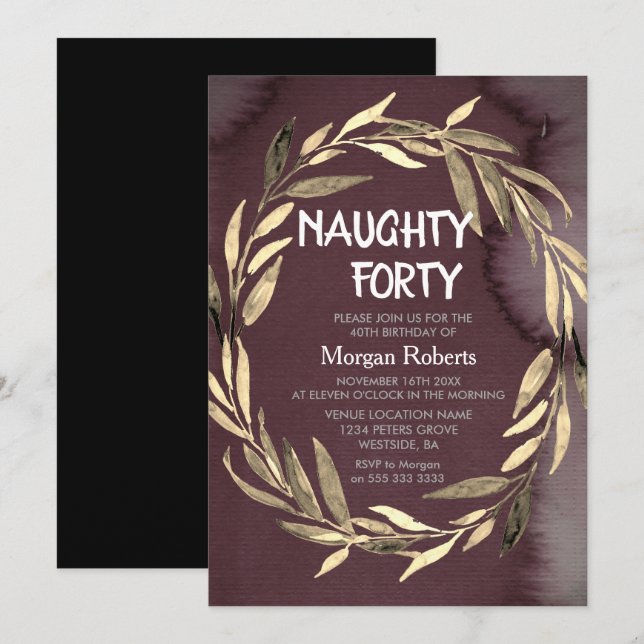 Gold Leaf Wreath Homme 40e anniversaire Invitation (Devant / Derrière)