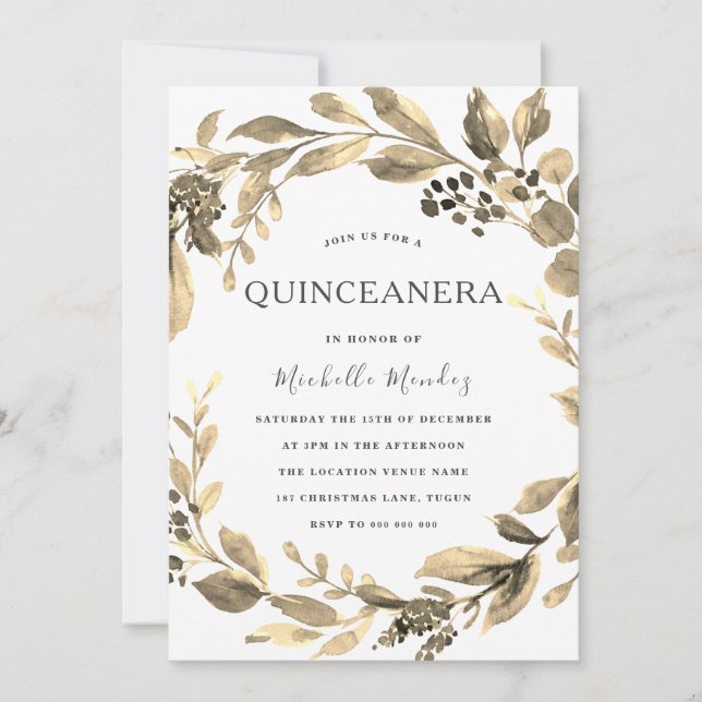 Gold Leaf Wreath Modern Quinceanera Party Invitation (Front)