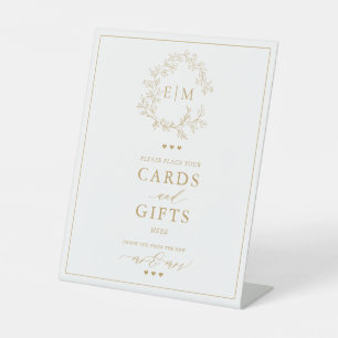 Gold Leafy Crest Monogram Card & Gifts Pedestal Sign