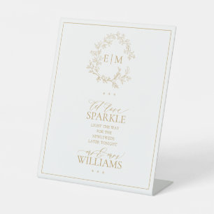 Gold Leafy Crest Monogram Let Love Sparkle Pedestal Sign