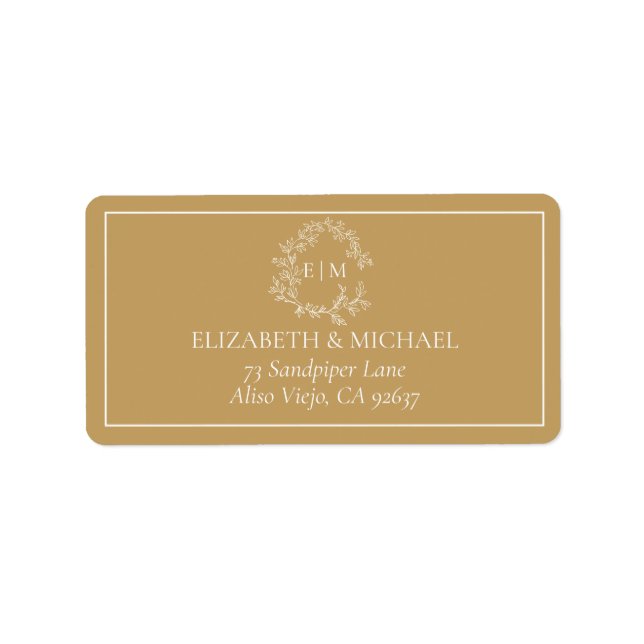 Gold Leafy Crest Monogram Wedding Address Label (Front)