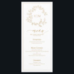 Gold Leafy Crest Monogram Wedding Menu<br><div class="desc">Create the perfect reception setting! We're loving this trendy, modern gold 4"x 9" wedding menu! Simple, elegant, and oh-so-pretty, it features a hand drawn leafy wreath encircling a modern wedding monogram. It is personalized in elegant typography, and accented with hand-lettered calligraphy. Finally, it is trimmed in a delicate frame. Veiw...</div>