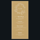Gold Leafy Crest Monogram Wedding Menu<br><div class="desc">Create the perfect reception setting! We're loving this trendy, modern gold 4"x 9" wedding menu! Simple, elegant, and oh-so-pretty, it features a hand drawn leafy wreath encircling a modern wedding monogram. It is personalized in elegant typography, and accented with hand-lettered calligraphy. Finally, it is trimmed in a delicate frame. Veiw...</div>