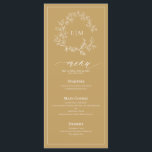 Gold Leafy Crest Monogram Wedding Menu<br><div class="desc">Create the perfect reception setting! We're loving this trendy, modern gold 4"x 9" wedding menu! Simple, elegant, and oh-so-pretty, it features a hand drawn leafy wreath encircling a modern wedding monogram. It is personalized in elegant typography, and accented with hand-lettered calligraphy. Finally, it is trimmed in a delicate frame. Veiw...</div>