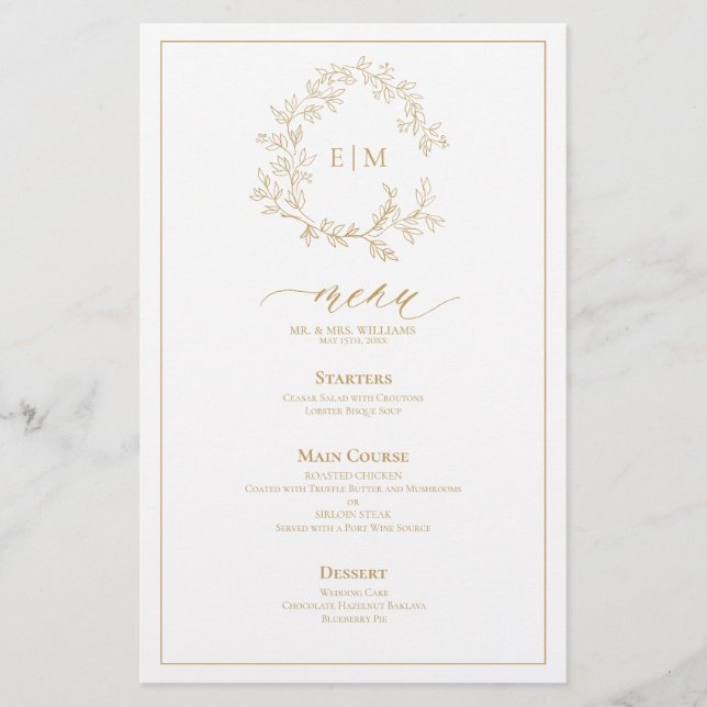 Gold Leafy Crest Monogram Wedding Menu (Front)