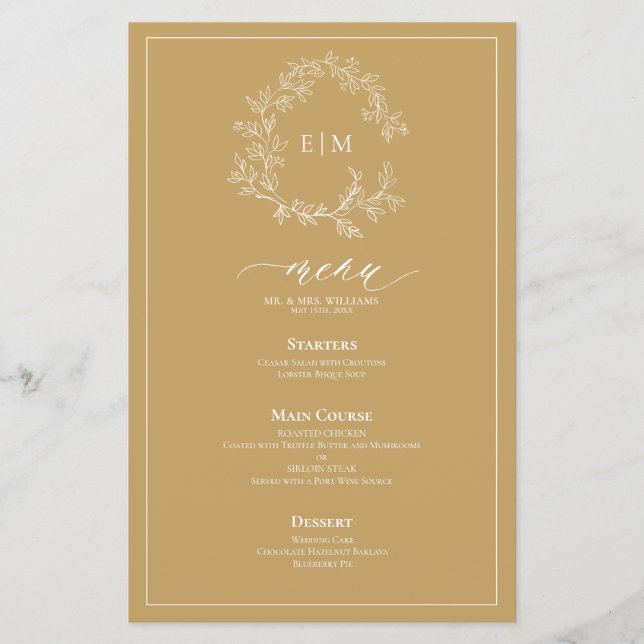Gold Leafy Crest Monogram Wedding Menu (Front)