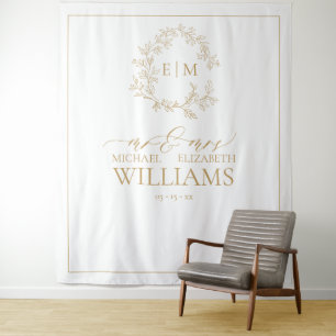 Gold Leafy Crest Monogram Wedding Photo Tapestry