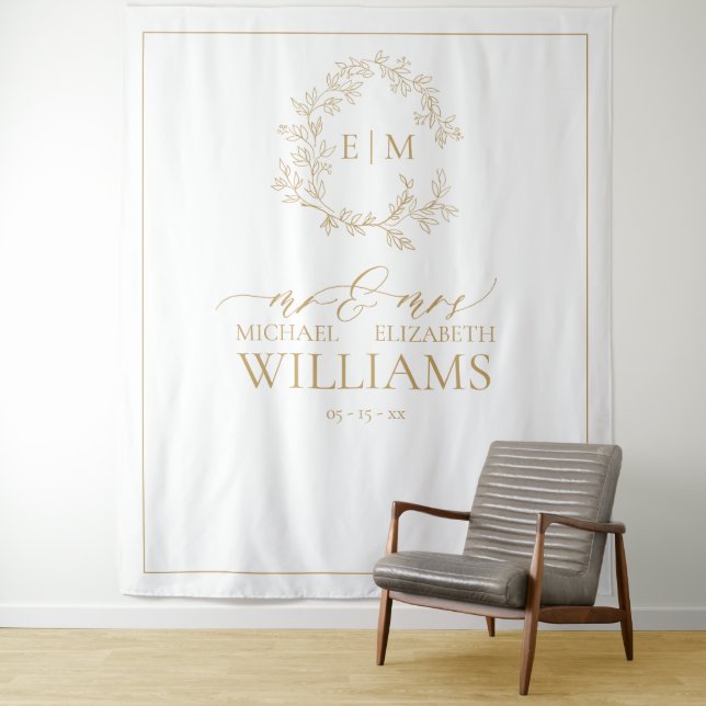 Gold Leafy Crest Monogram Wedding Photo Tapestry (In Situ)