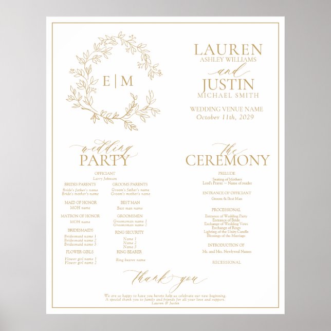 Gold Leafy Crest Monogram Wedding Program Poster (Front)