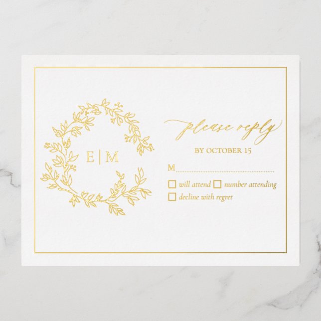 Gold Leafy Crest Monogram Wedding RSVP Card (Front)