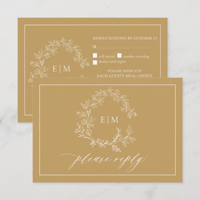 Gold Leafy Crest Monogram Wedding RSVP Card (Front/Back)
