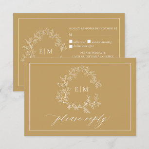 Gold Leafy Crest Monogram Wedding RSVP Card