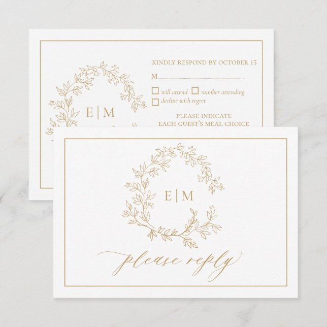 Gold Leafy Crest Monogram Wedding RSVP Card (Front/Back)