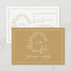 Gold Leafy Crest Monogram Wedding RSVP Card