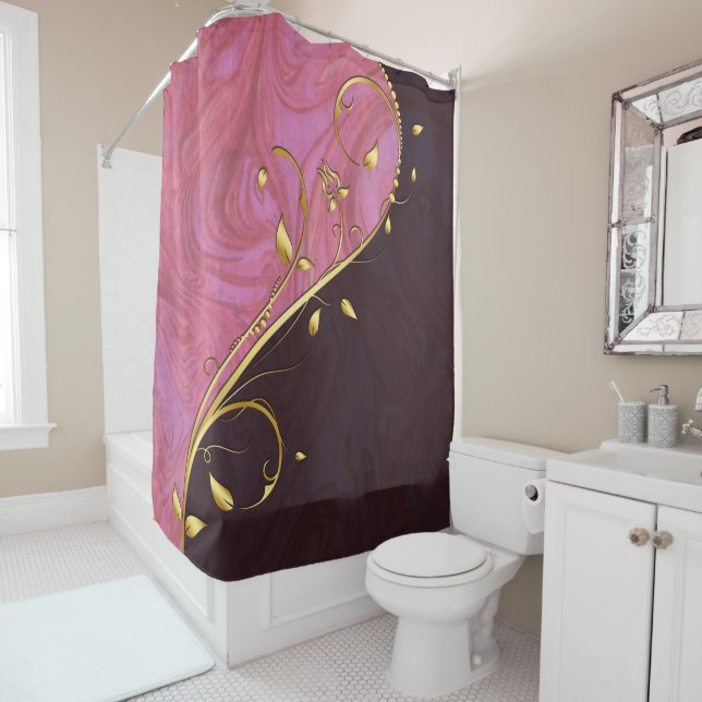 Gold Leafy Flourish on Pink Burgundy Swirl (In Situ)