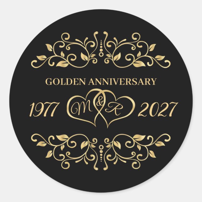 Gold leafy swirls, hearts 50th Wedding Anniversary Classic Round Sticker (Front)