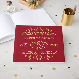 Gold leafy Swirls Hearts 50th Wedding Anniversary Guest Book