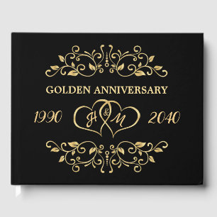 Gold Leafy Swirls Hearts 50th Wedding Anniversary Guest Book