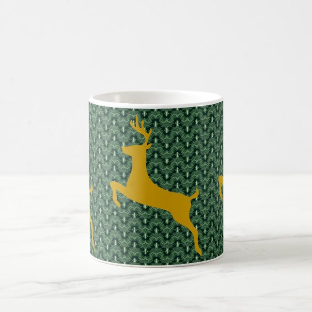 Gold Leaping Deer on Green Chevron Background Coffee Mug (Center)