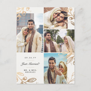 Gold Leaves 4 Photo Wedding Announcement Postcard