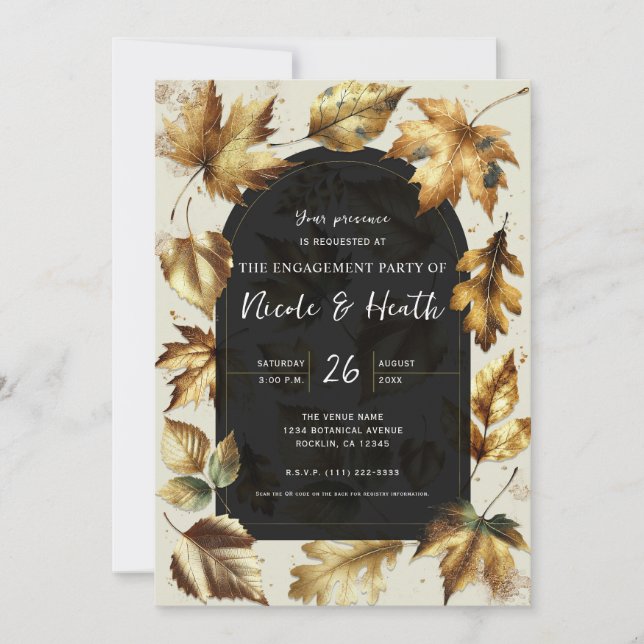Gold Leaves Almond Beige & Black Fall Engagement Invitation (Front)