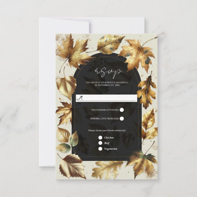 Gold Leaves Almond & Beige Black Glam Fall RSVP (Front)