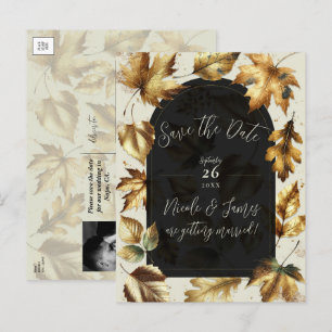Gold Leaves Almond & Beige Black Glam Fall Wedding Announcement Postcard