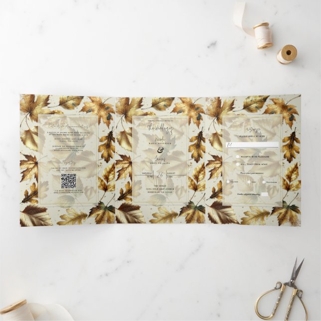 Gold Leaves Almond Beige Glam Fall Wedding Tri-Fold Invitation (Inside)