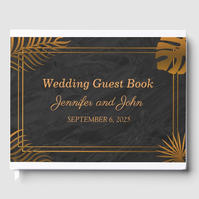 Gold Leaves and Geometric Frame Tropical Wedding Guest Book (Front)