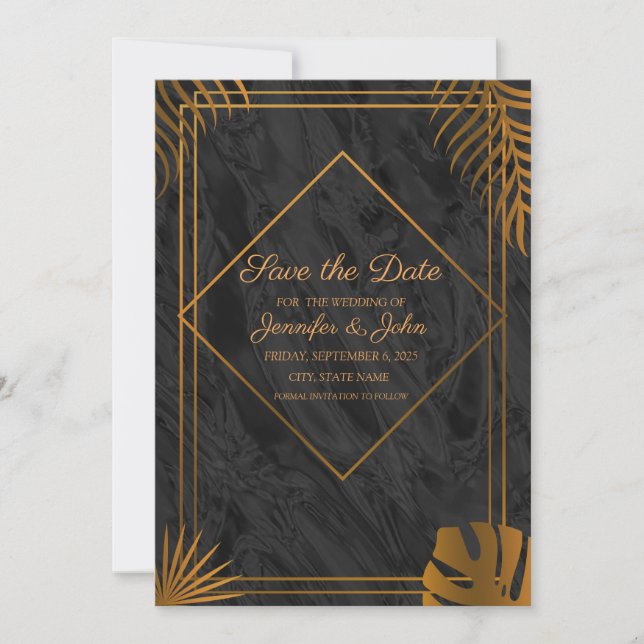 Gold Leaves and Geometric Frame Tropical Wedding Save The Date (Front)