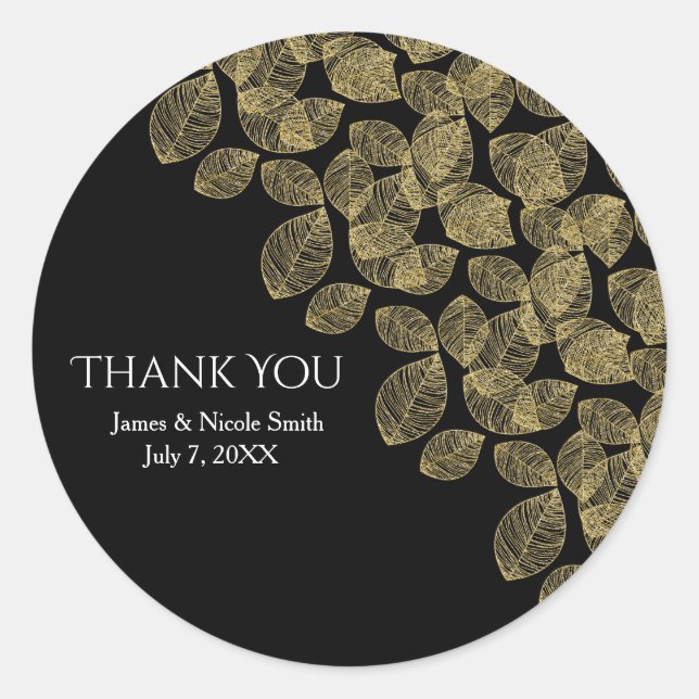 Gold Leaves Black Autumn Elegance Wedding Classic Round Sticker (Front)