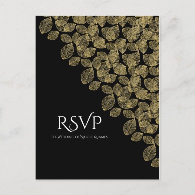 Gold Leaves Black Autumn Elegance Wedding RSVP Invitation Postcard (Front)