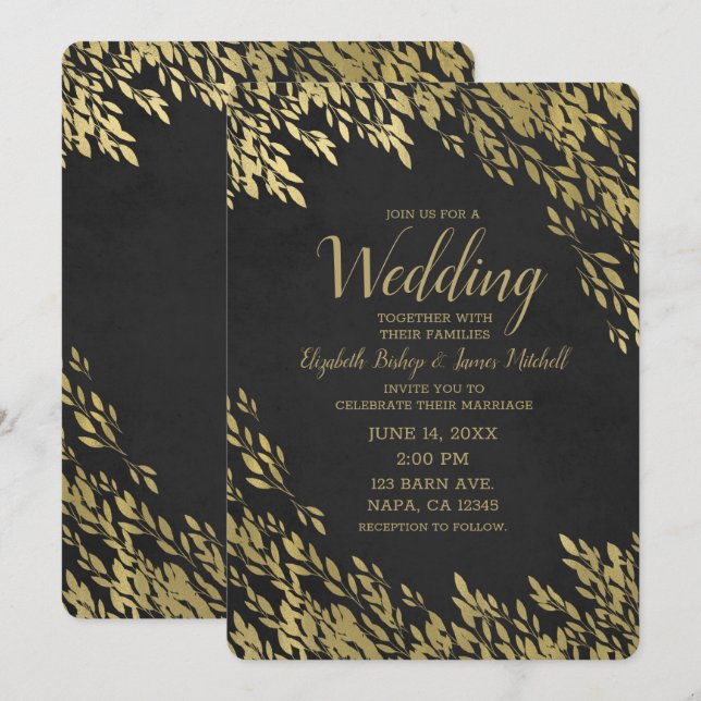 Gold Leaves & Black Chalk Chic Rustic Wedding Invitation (Front/Back)